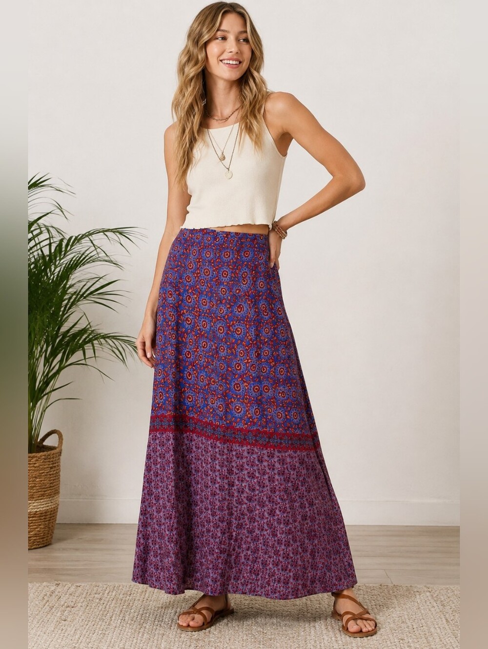 Natural Life Boho Floral Patchwork Maxi Skirt Blue Red Size Medium